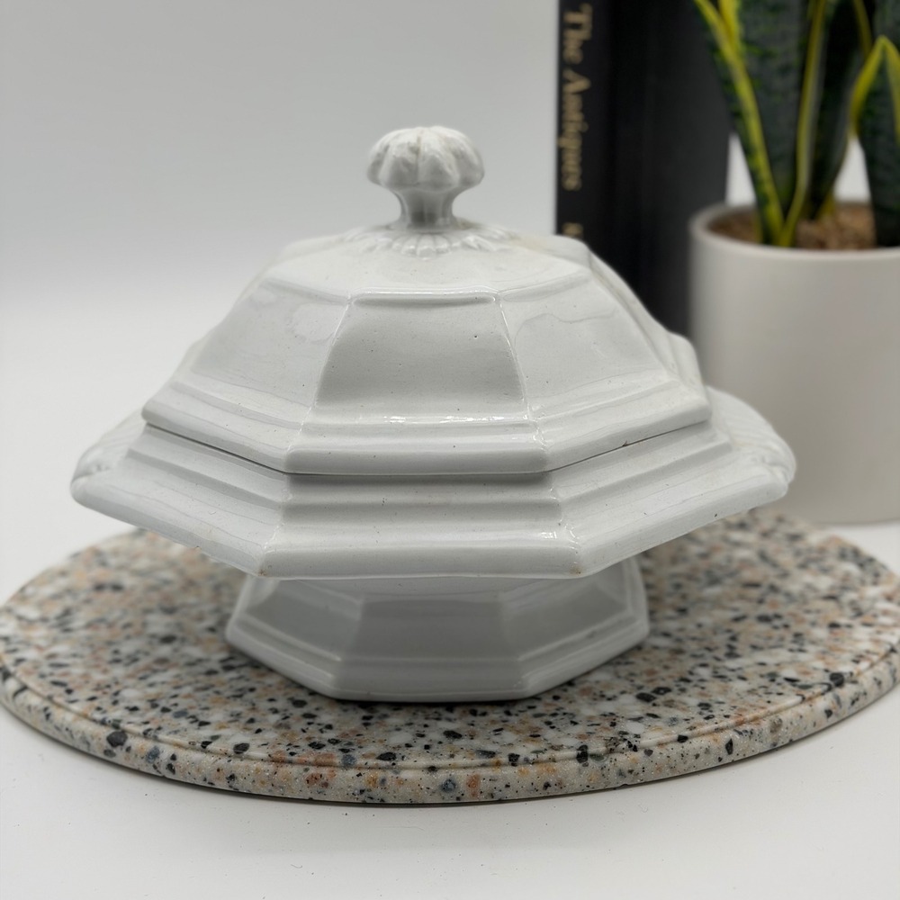 Vintage White Octagonal Ironstone Tureen with Lid & Finial Stained & Crazed